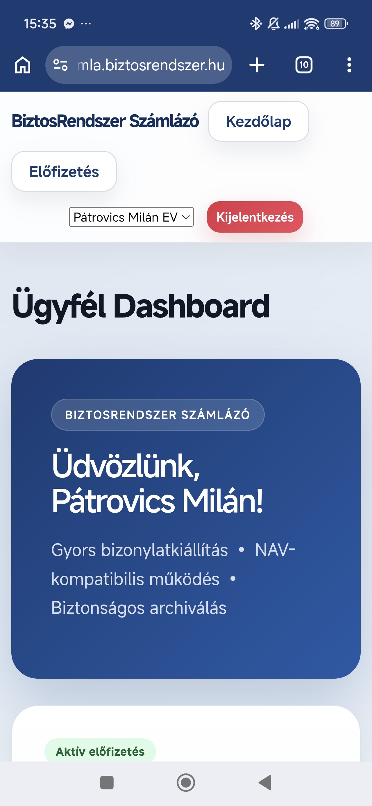 BiztosRendszer online számlázó mobil nézet